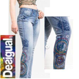 Desigual Embroidered Boyfriend Jeans Button Fly The Love Size 34 Blue